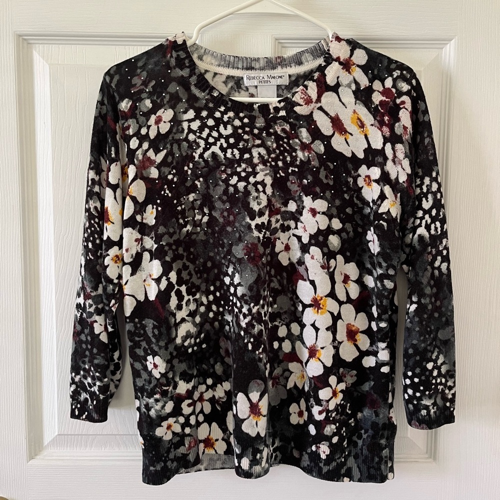 Rebecca Malone Black Floral Long-Sleeve Tee with White and Yellow Accents
